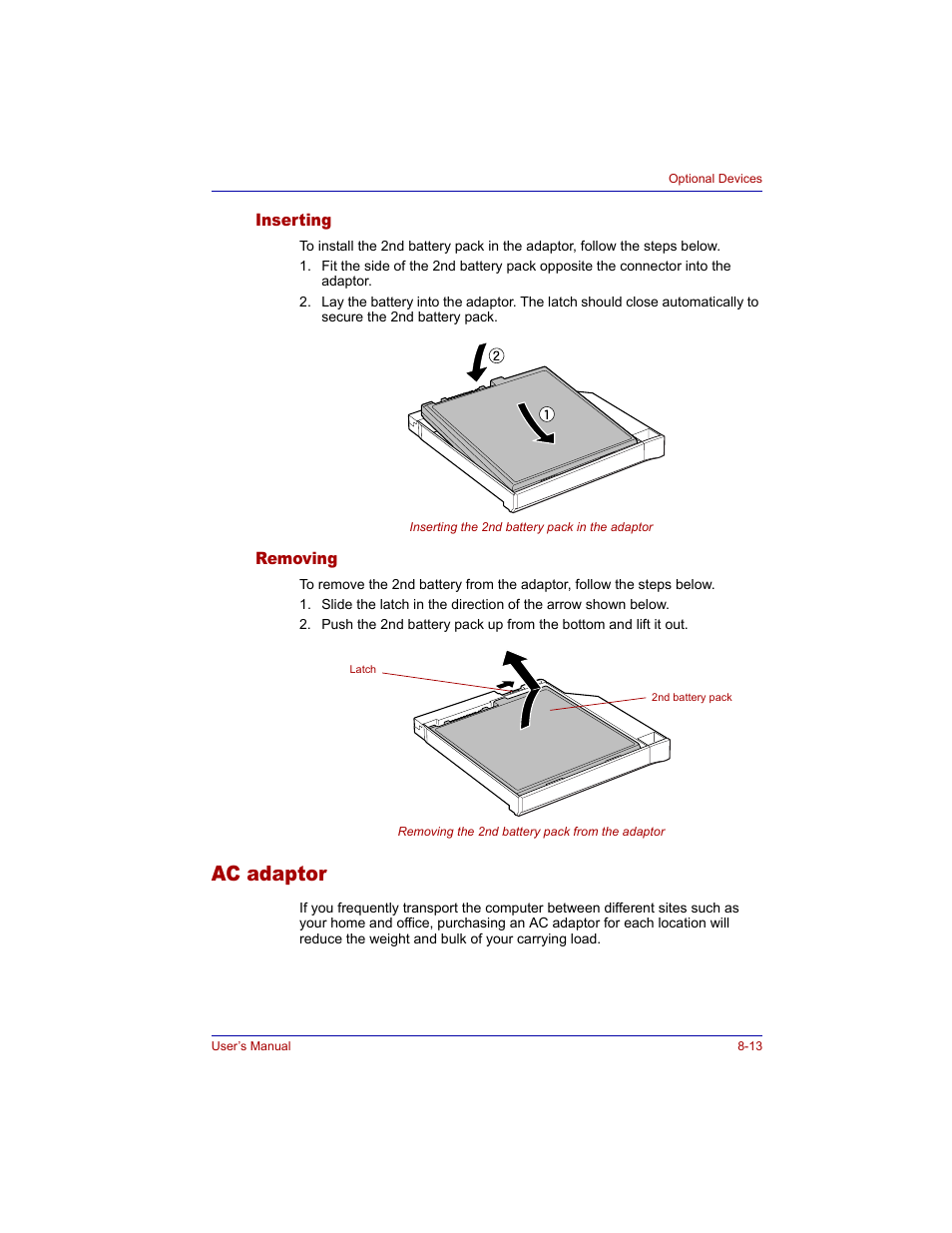 Inserting, Removing, Ac adaptor | Inserting -13 removing -13, Ac adaptor -13 | Toshiba Tecra M3 User Manual | Page 153 / 236