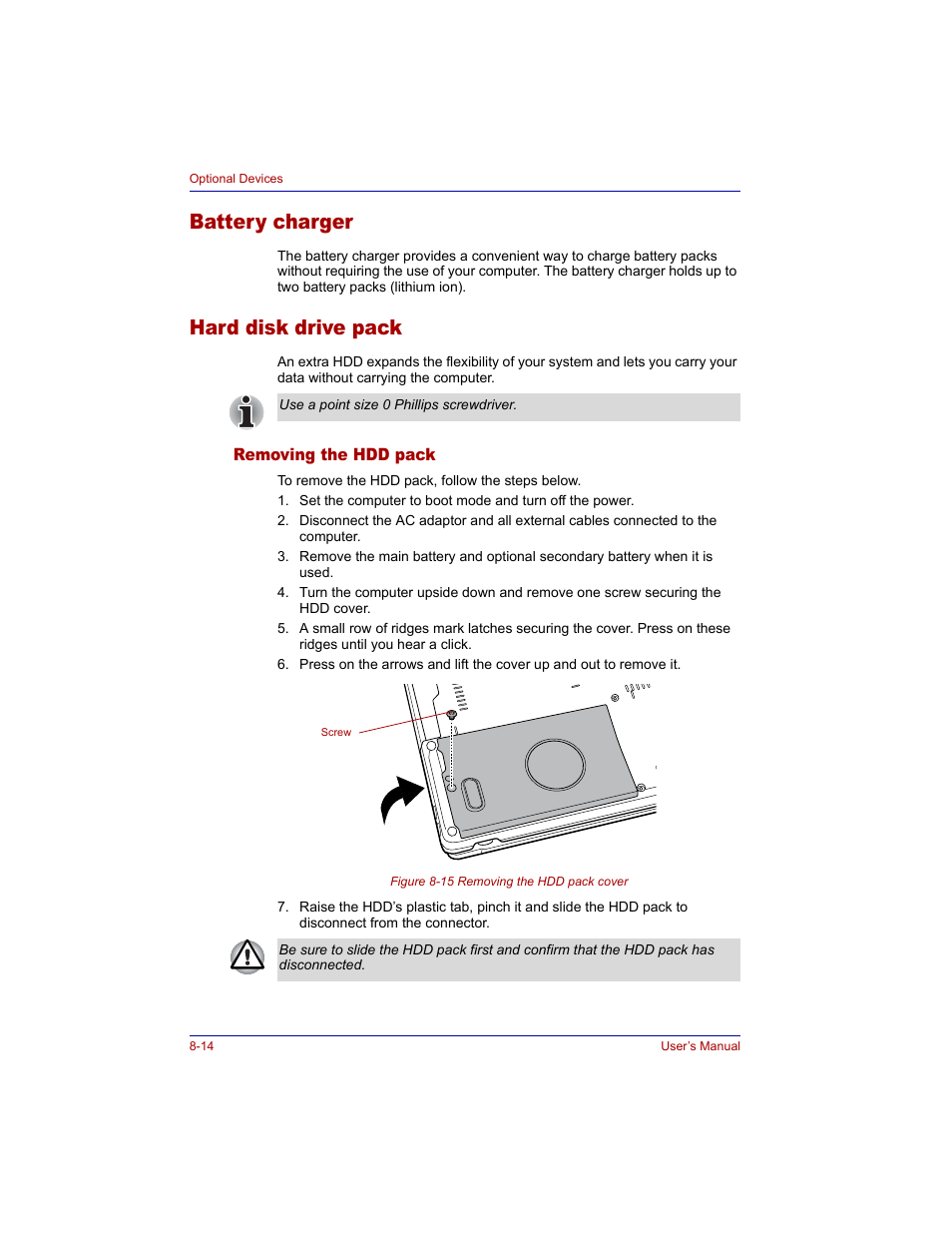 Battery charger, Hard disk drive pack, Removing the hdd pack | Battery charger -14 hard disk drive pack -14, Removing the hdd pack -14 | Toshiba Tecra M3 User Manual | Page 154 / 236