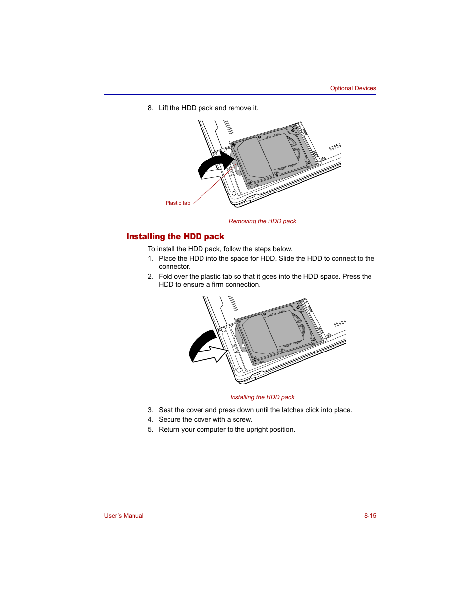 Installing the hdd pack, Installing the hdd pack -15 | Toshiba Tecra M3 User Manual | Page 155 / 236