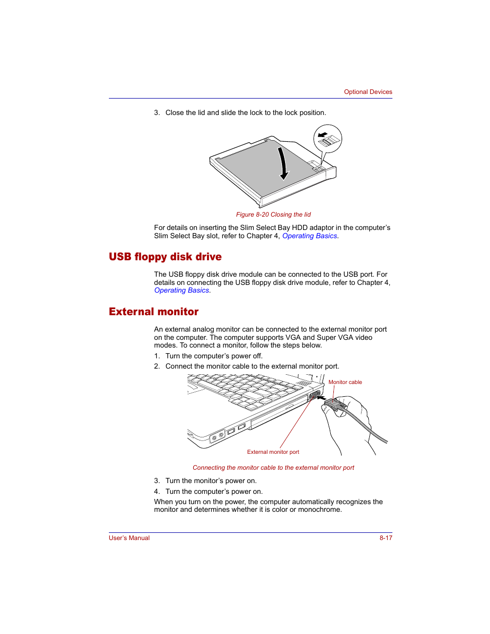 Usb floppy disk drive, External monitor, Usb floppy disk drive -17 external monitor -17 | Toshiba Tecra M3 User Manual | Page 157 / 236