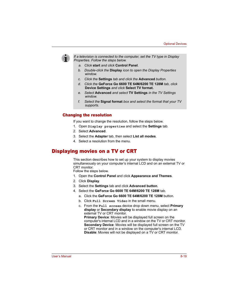 Changing the resolution, Displaying movies on a tv or crt, Changing the resolution -19 | Displaying movies on a tv or crt -19 | Toshiba Tecra M3 User Manual | Page 159 / 236