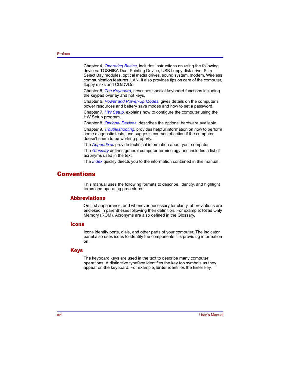 Conventions, Abbreviations, Icons | Keys | Toshiba Tecra M3 User Manual | Page 16 / 236