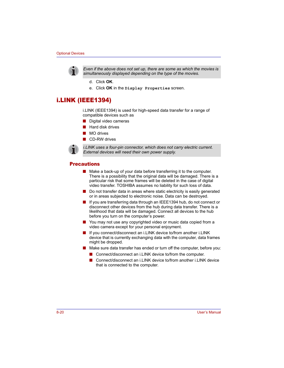 I.link (ieee1394), Precautions, I.link (ieee1394) -20 | Precautions -20 | Toshiba Tecra M3 User Manual | Page 160 / 236