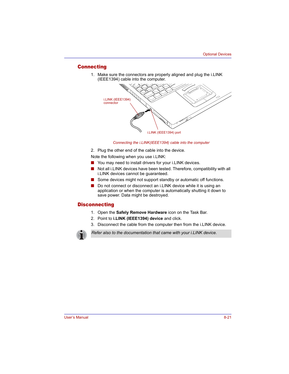 Connecting, Disconnecting, Connecting -21 disconnecting -21 | Toshiba Tecra M3 User Manual | Page 161 / 236