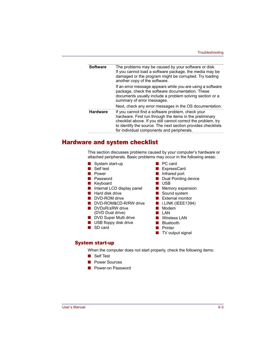 Hardware and system checklist, System start-up, Hardware and system checklist -3 | System start-up -3 | Toshiba Tecra M3 User Manual | Page 167 / 236