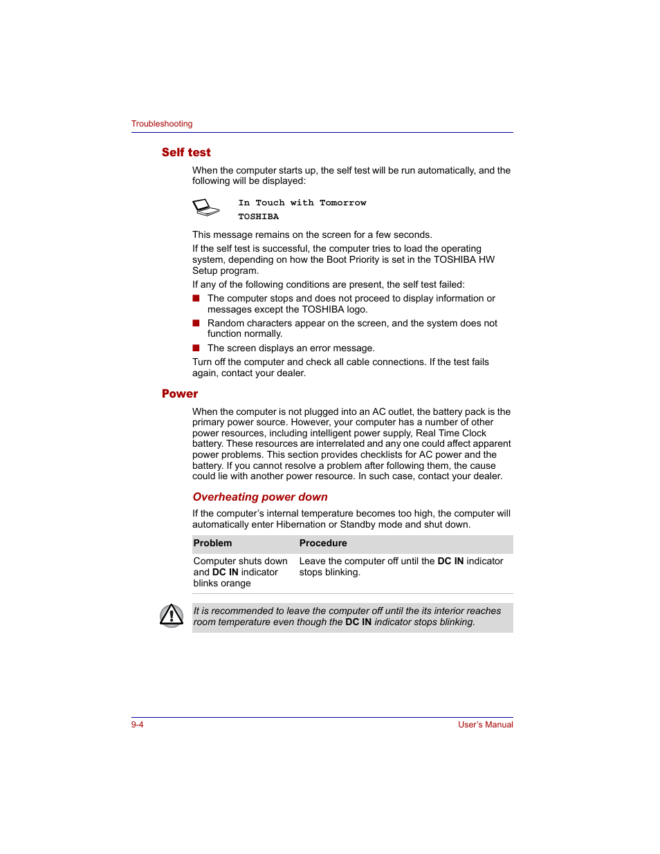 Self test, Power, Self test -4 power -4 | Toshiba Tecra M3 User Manual | Page 168 / 236