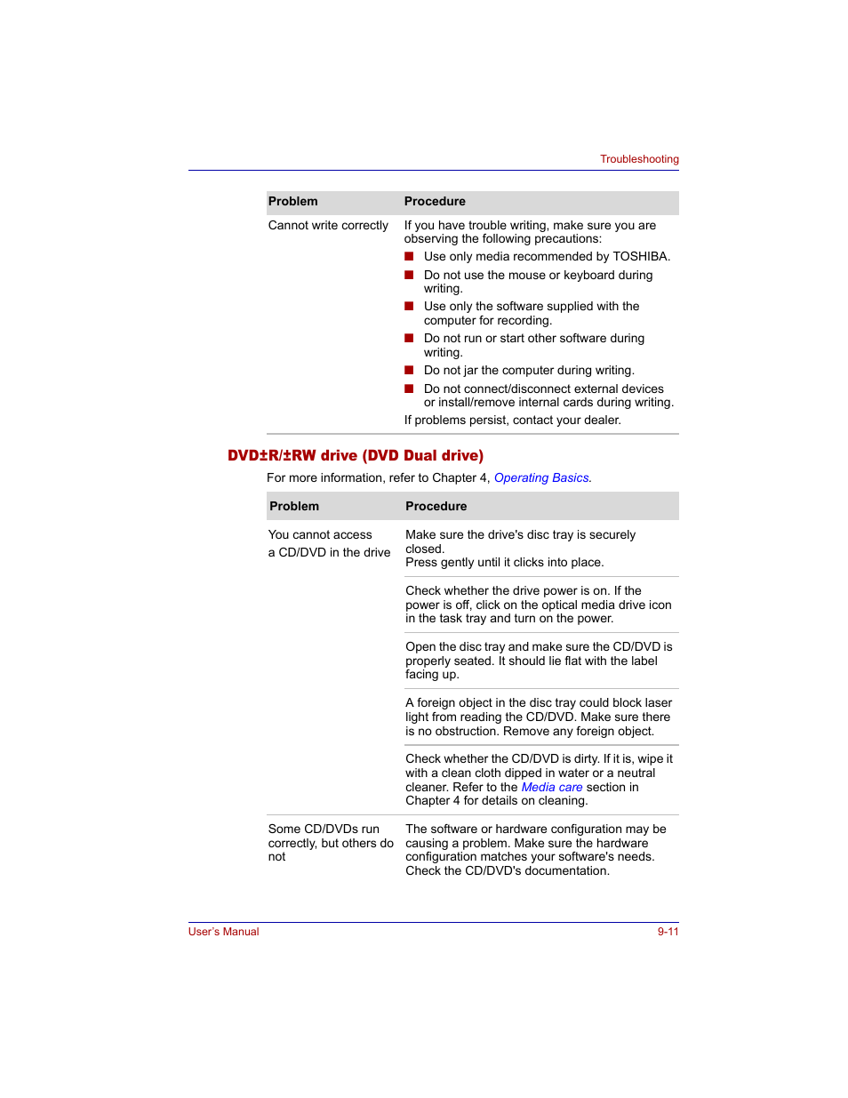 Dvd±r/±rw drive (dvd dual drive), Dvd±r/±rw drive (dvd dual drive) -11 | Toshiba Tecra M3 User Manual | Page 175 / 236