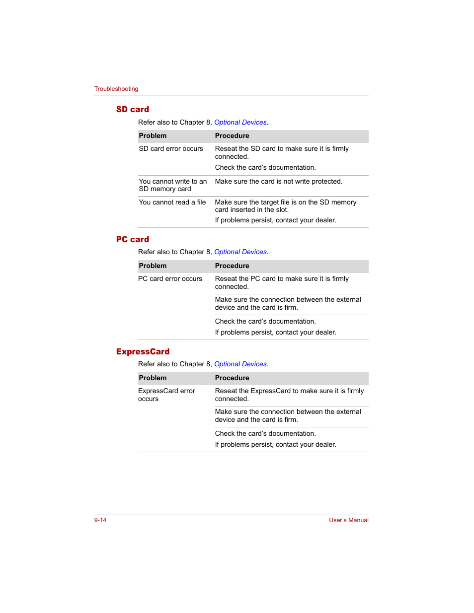 Sd card, Pc card, Expresscard | Sd card -14 pc card -14 expresscard -14 | Toshiba Tecra M3 User Manual | Page 178 / 236