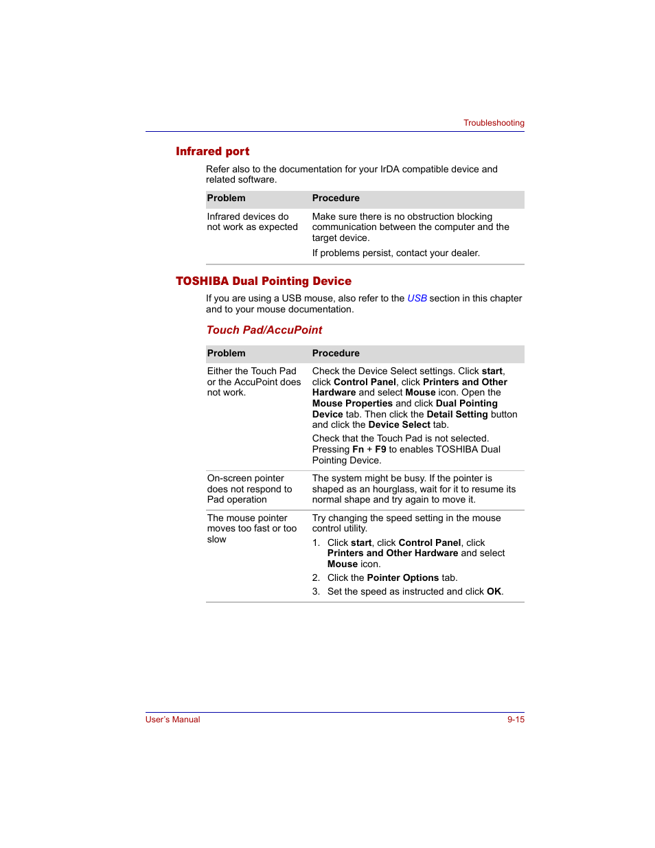 Infrared port, Toshiba dual pointing device, Infrared port -15 toshiba dual pointing device -15 | Toshiba Tecra M3 User Manual | Page 179 / 236