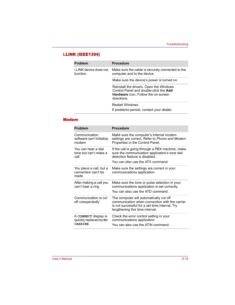 I.link (ieee1394), Modem, I.link (ieee1394) -19 modem -19 | Toshiba Tecra M3 User Manual | Page 183 / 236