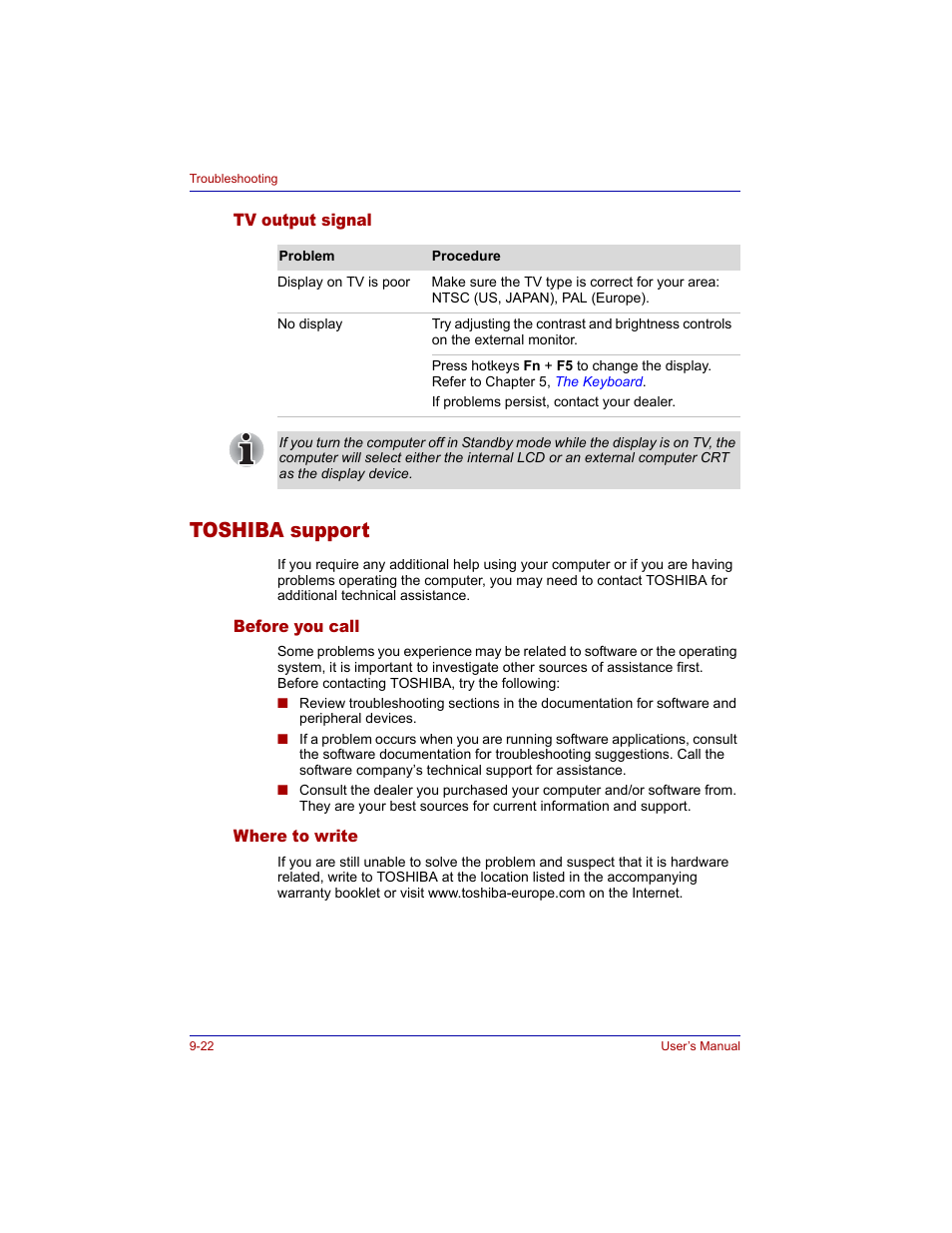 Tv output signal, Toshiba support, Before you call | Where to write, Tv output signal -22, Toshiba support -22, Before you call -22 where to write -22 | Toshiba Tecra M3 User Manual | Page 186 / 236