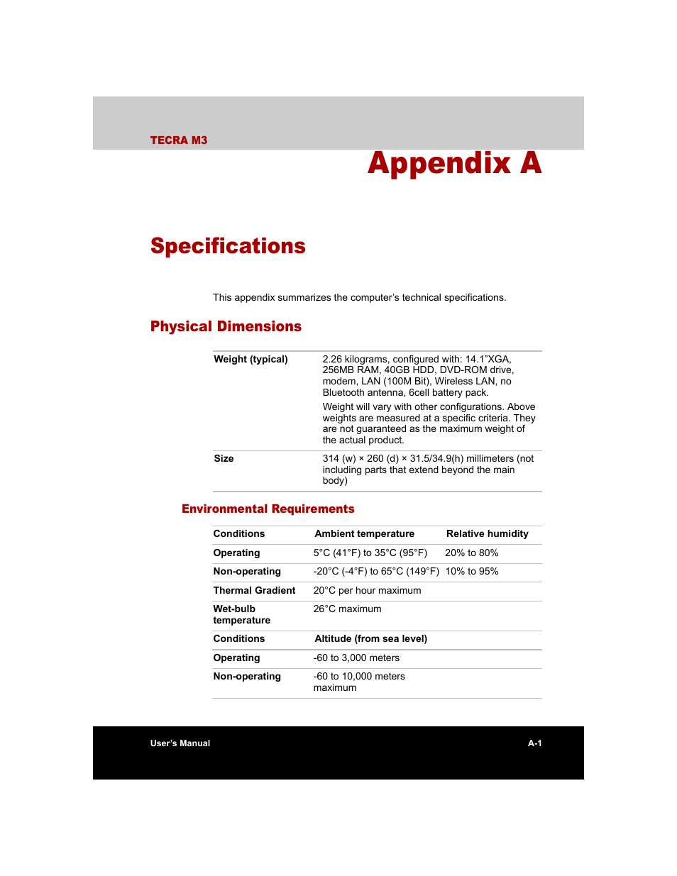 Appendix a - specifications, Physical dimensions, Environmental requirements | Appendix a, Specifications | Toshiba Tecra M3 User Manual | Page 187 / 236