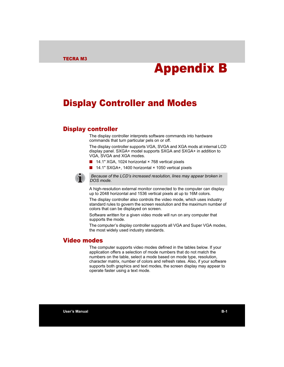 Appendix b - display controller and modes, Display controller, Video modes | Appendix b, Display controller and modes, Display controller and, Modes | Toshiba Tecra M3 User Manual | Page 191 / 236