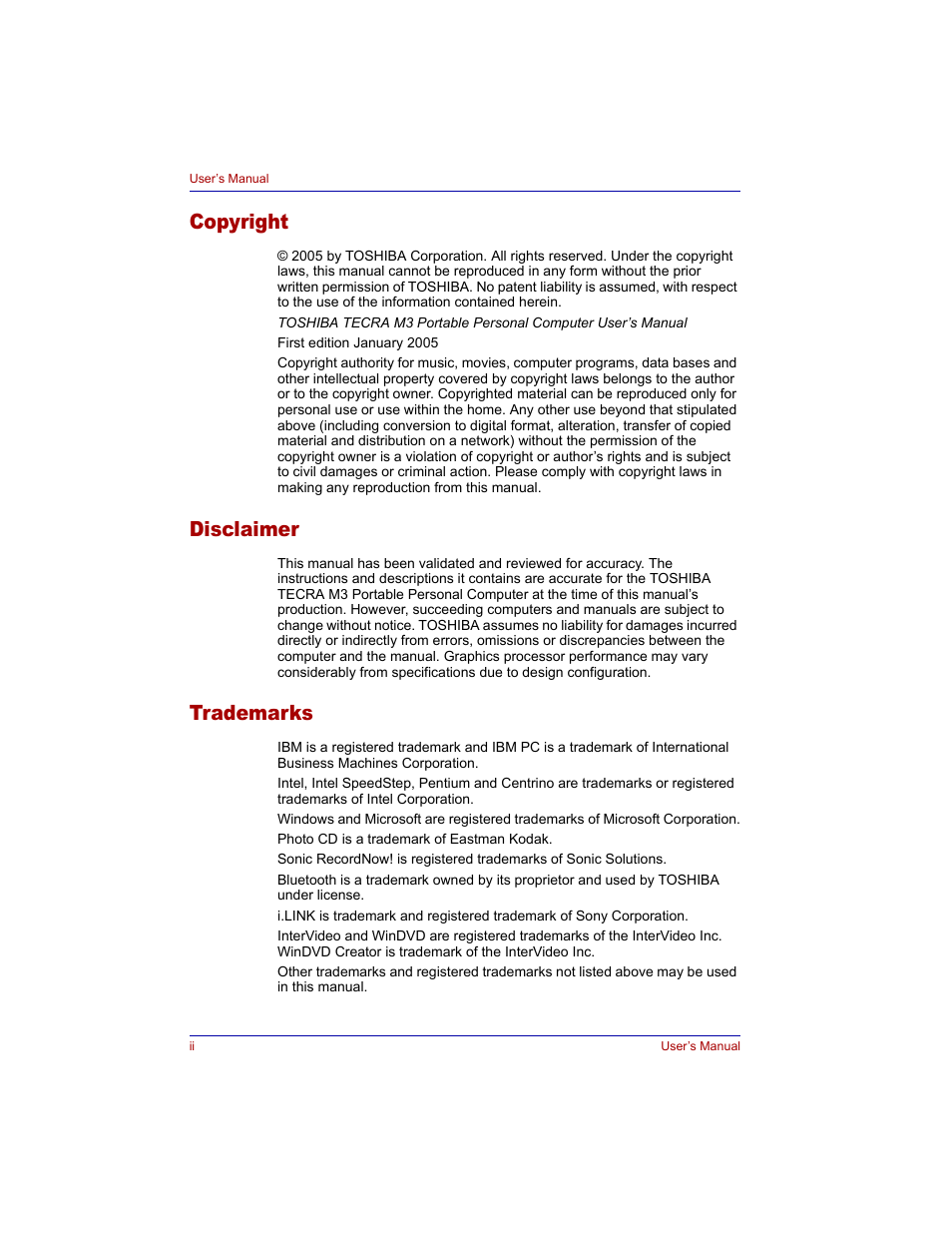 Copyright, Disclaimer, Trademarks | Toshiba Tecra M3 User Manual | Page 2 / 236