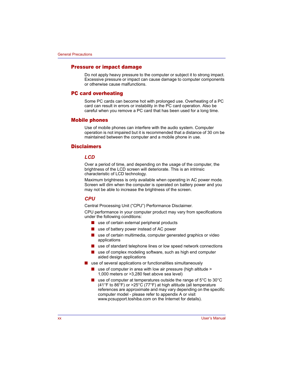 Pressure or impact damage, Pc card overheating, Mobile phones | Disclaimers | Toshiba Tecra M3 User Manual | Page 20 / 236