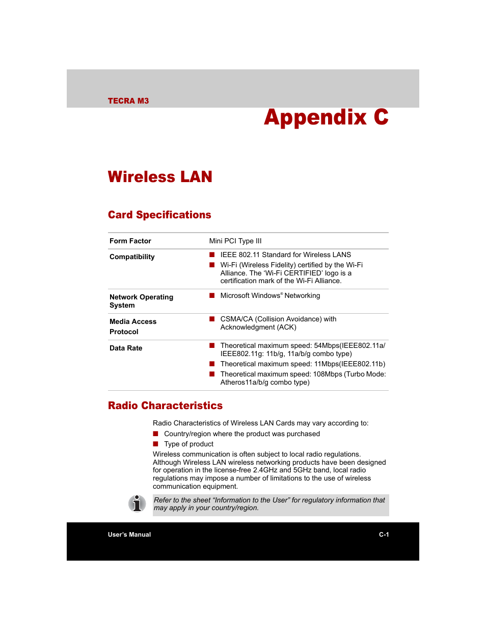 Appendix c - wireless lan, Card specifications, Radio characteristics | Appendix c, Wireless lan, Card specifications radio characteristics | Toshiba Tecra M3 User Manual | Page 201 / 236