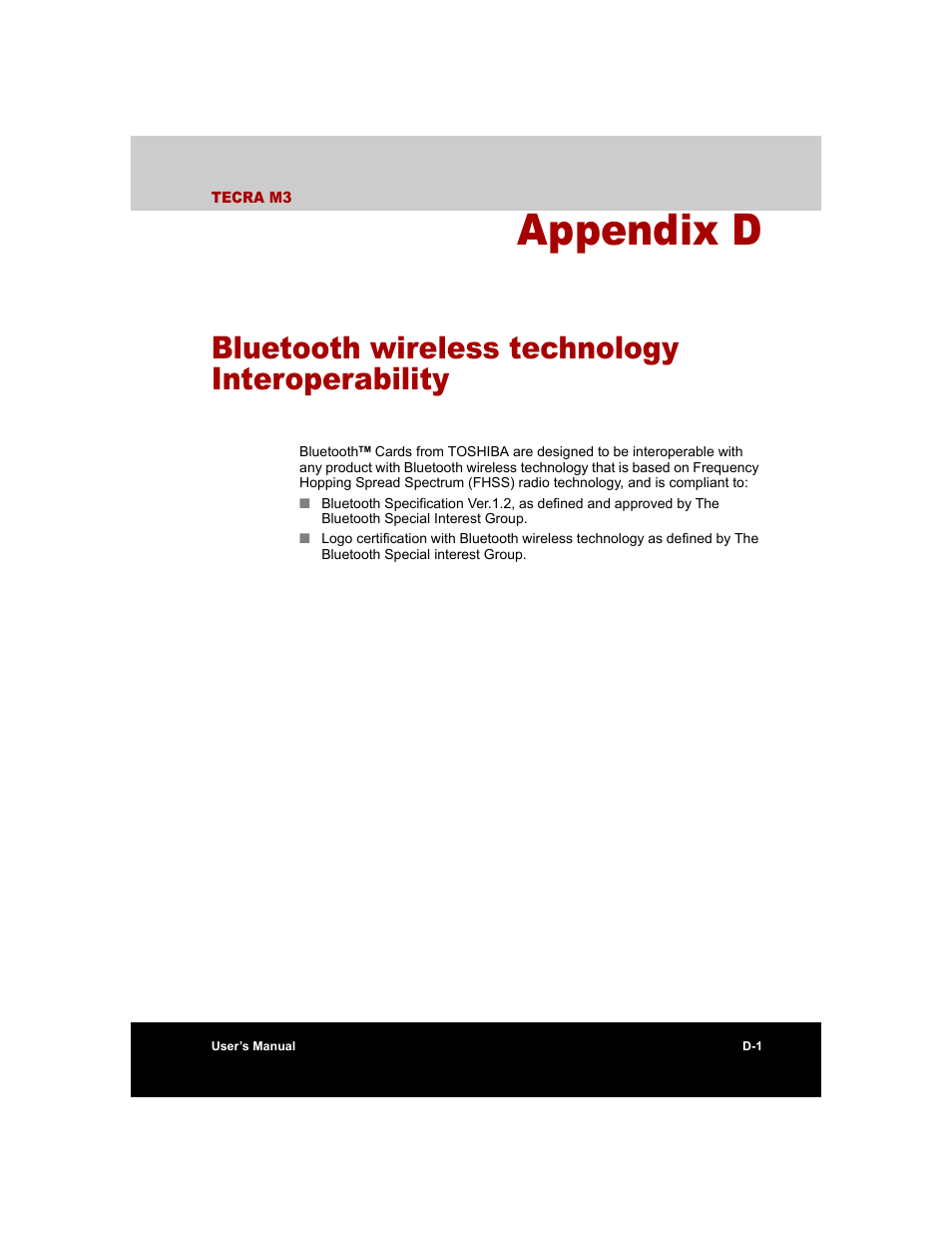 Appendix d, Bluetooth wireless technology interoperability | Toshiba Tecra M3 User Manual | Page 205 / 236