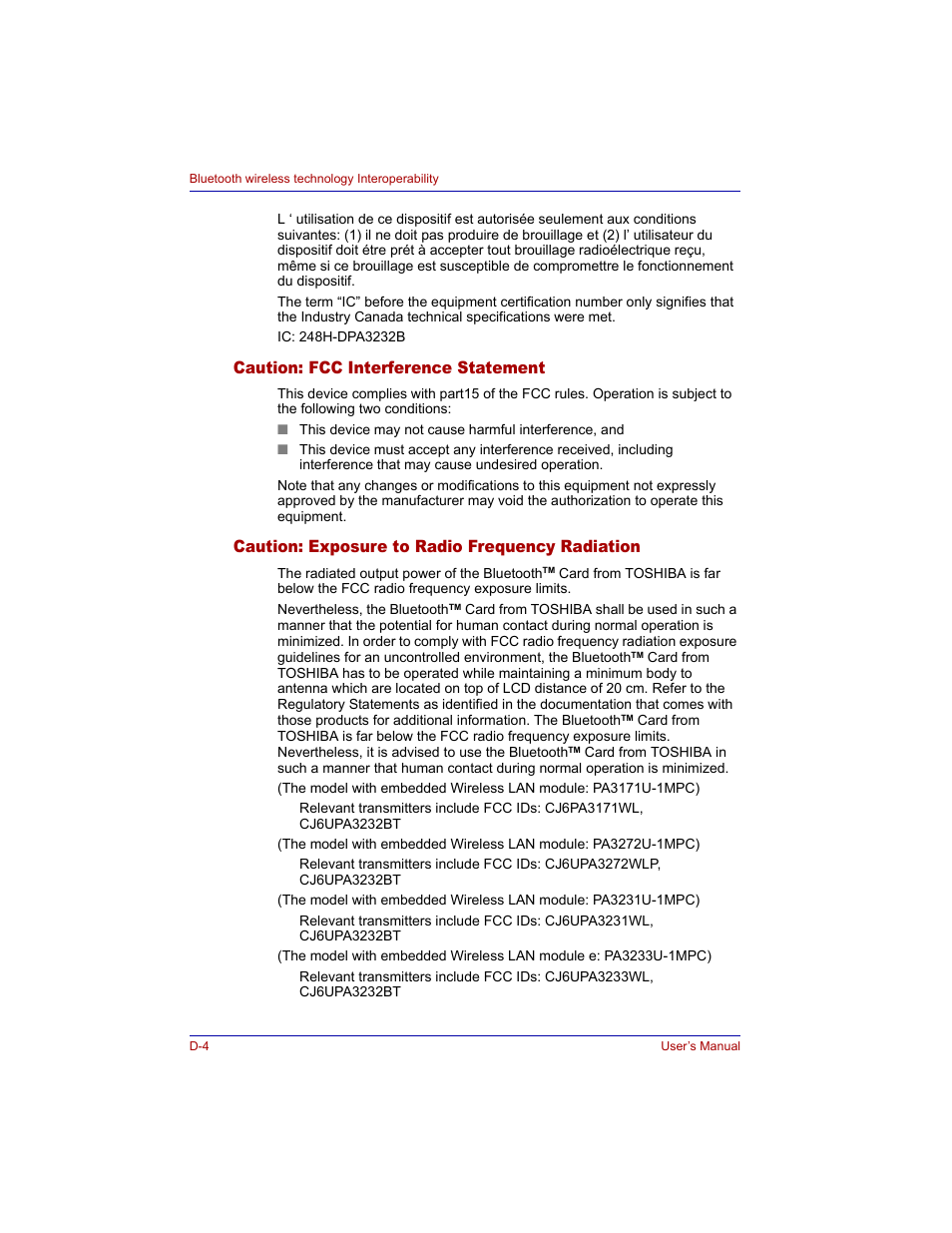 Caution: fcc interference statement, Caution: exposure to radio frequency radiation | Toshiba Tecra M3 User Manual | Page 208 / 236