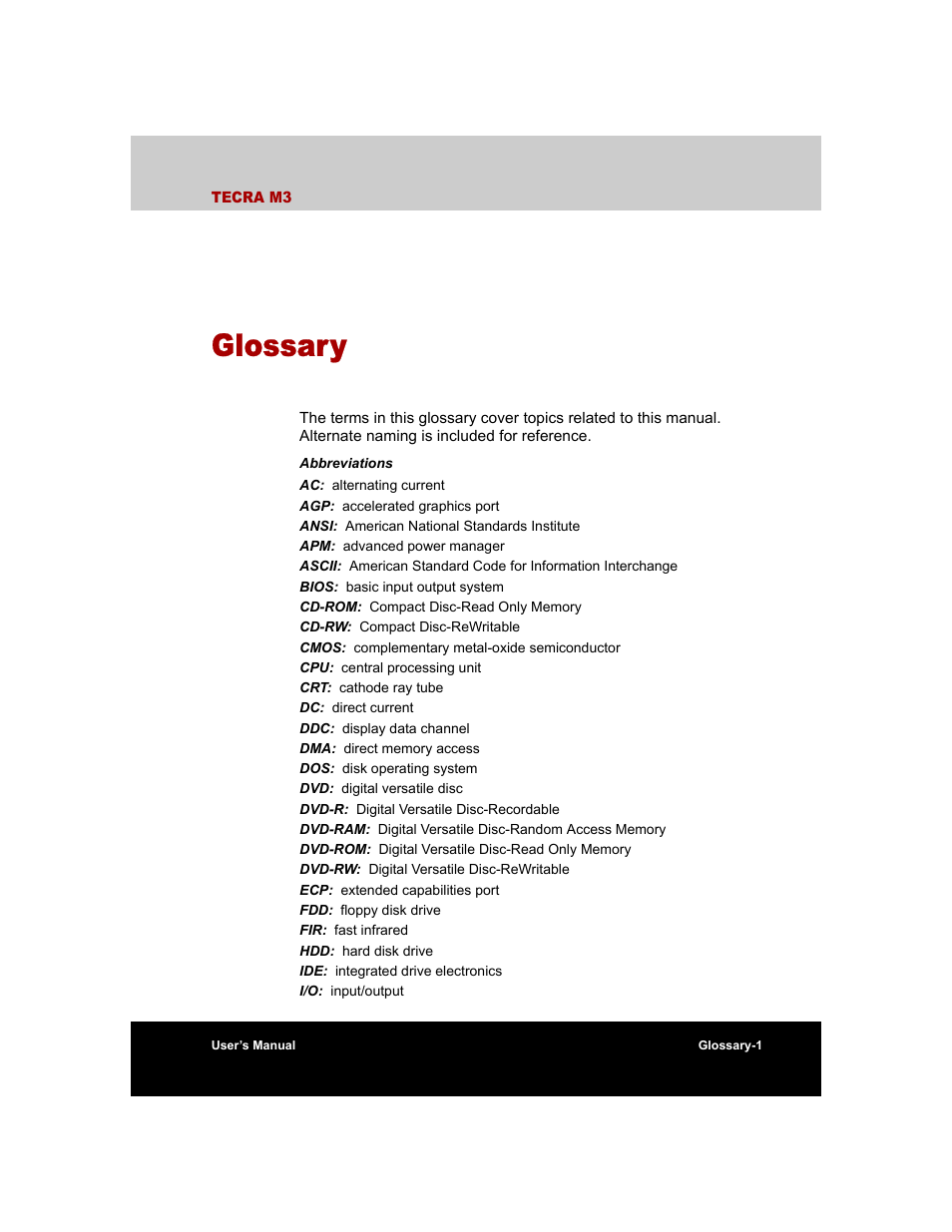 Glossary | Toshiba Tecra M3 User Manual | Page 217 / 236