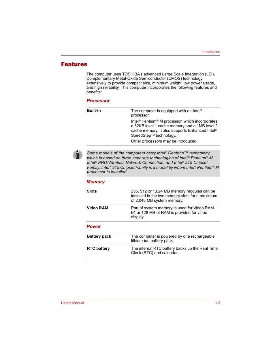 Features, Features -3 | Toshiba Tecra M3 User Manual | Page 25 / 236