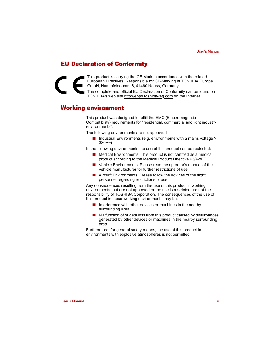 Eu declaration of conformity, Working environment | Toshiba Tecra M3 User Manual | Page 3 / 236