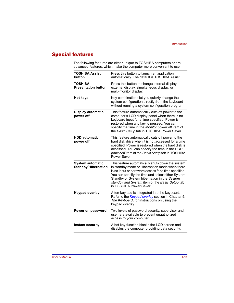 Special features, Special features -11 | Toshiba Tecra M3 User Manual | Page 33 / 236