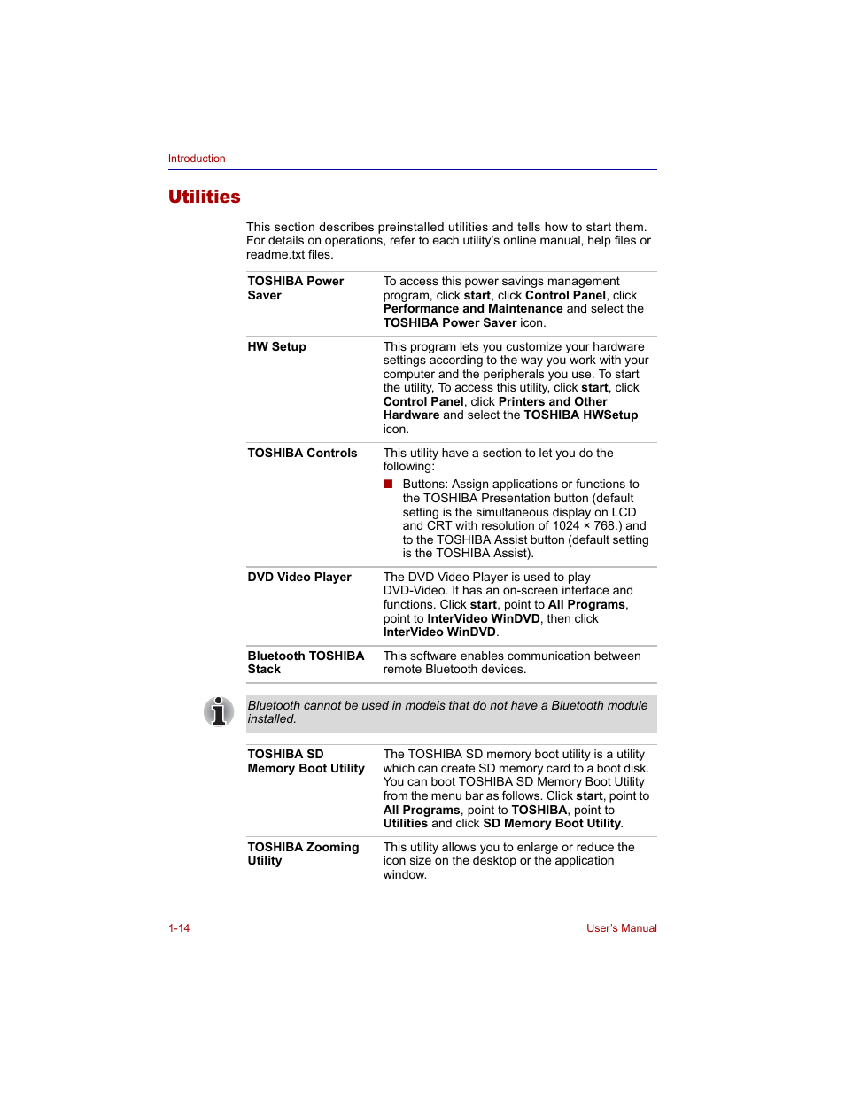 Utilities, Utilities -14 | Toshiba Tecra M3 User Manual | Page 36 / 236