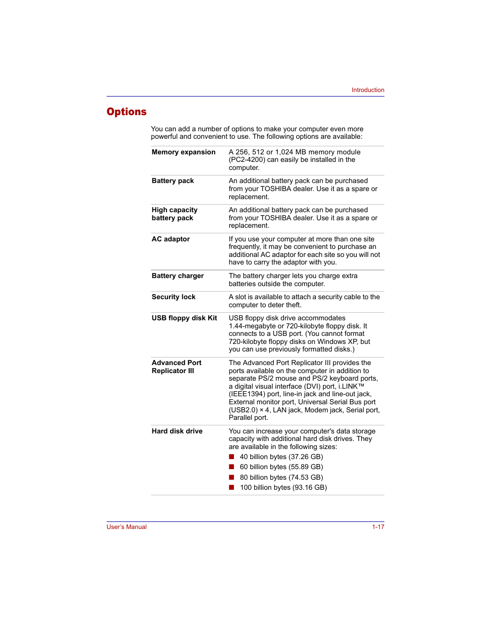 Options, Options -17 | Toshiba Tecra M3 User Manual | Page 39 / 236