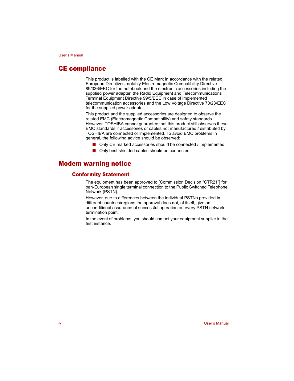 Ce compliance, Modem warning notice | Toshiba Tecra M3 User Manual | Page 4 / 236