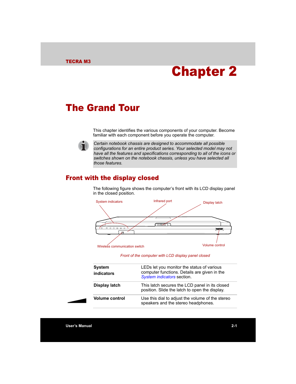 Chapter 2 - the grand tour, Front with the display closed, Chapter 2 | The grand tour, Front with the display closed -1 | Toshiba Tecra M3 User Manual | Page 41 / 236