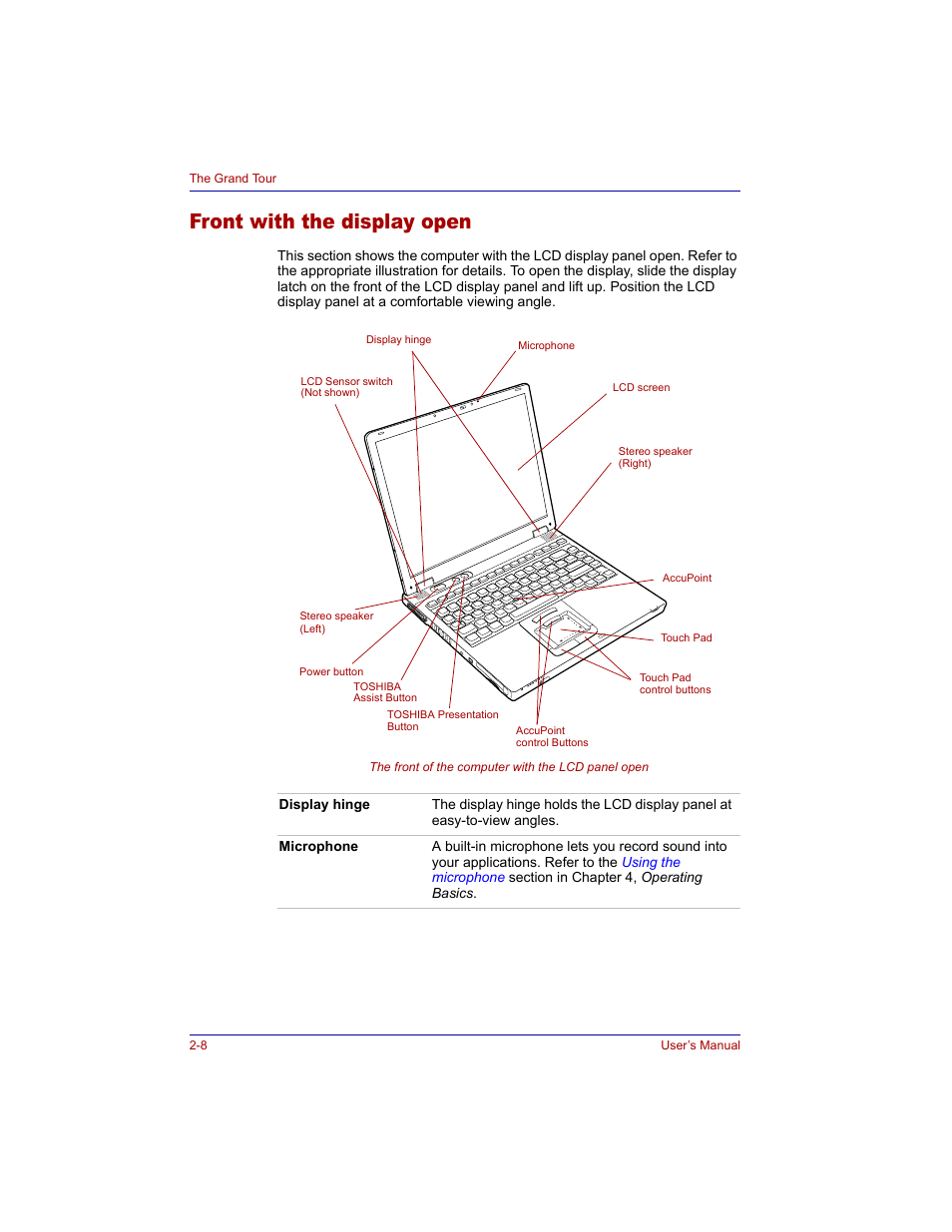 Front with the display open, Front with the display open -8 | Toshiba Tecra M3 User Manual | Page 48 / 236