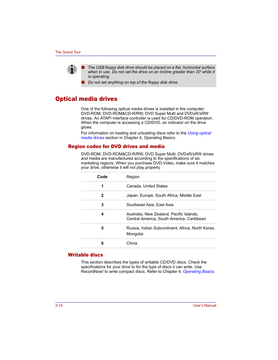 Optical media drives, Region codes for dvd drives and media, Writable discs | Optical media drives -14 | Toshiba Tecra M3 User Manual | Page 54 / 236