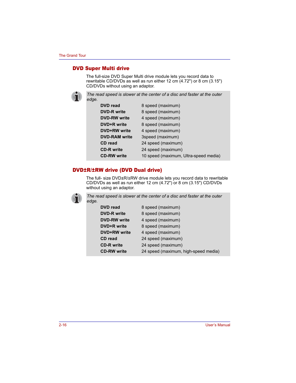 Dvd super multi drive, Dvd±r/±rw drive (dvd dual drive) | Toshiba Tecra M3 User Manual | Page 56 / 236