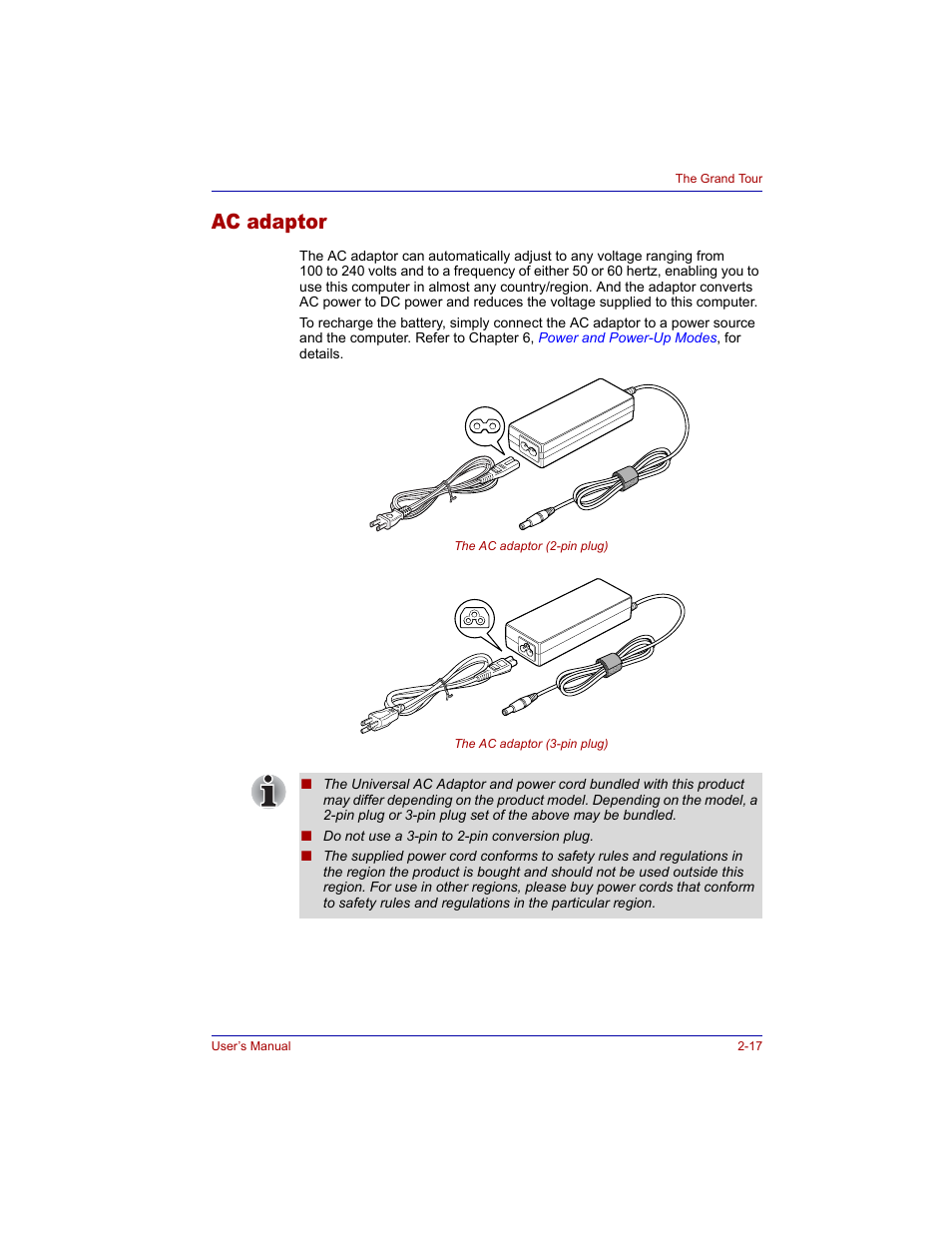 Ac adaptor, Ac adaptor -17 | Toshiba Tecra M3 User Manual | Page 57 / 236