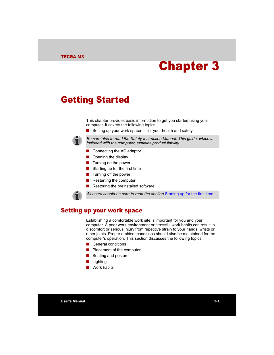 Chapter 3 - getting started, Setting up your work space, Chapter 3 | Getting started, Setting up your work space -1, For step-by-step instruct, Provid | Toshiba Tecra M3 User Manual | Page 59 / 236