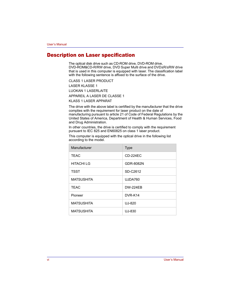 Description on laser specification | Toshiba Tecra M3 User Manual | Page 6 / 236