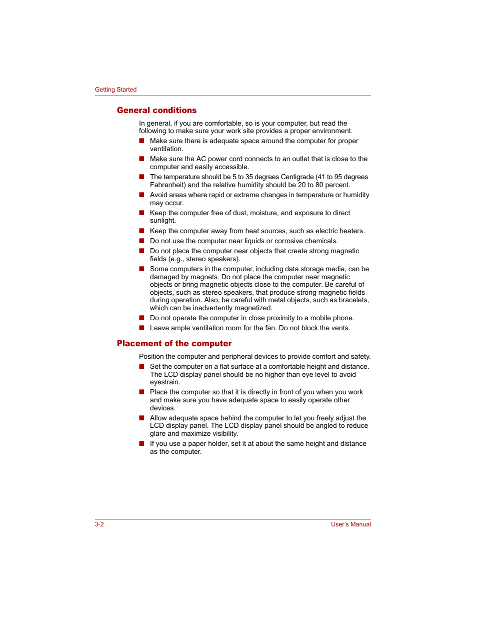 General conditions, Placement of the computer, General conditions -2 placement of the computer -2 | Toshiba Tecra M3 User Manual | Page 60 / 236