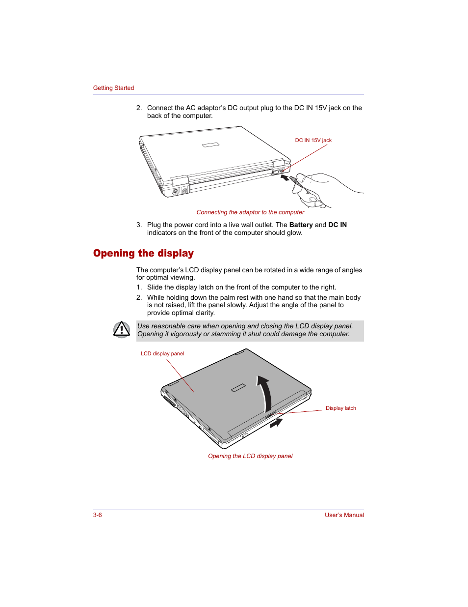 Opening the display, Opening the display -6 | Toshiba Tecra M3 User Manual | Page 64 / 236