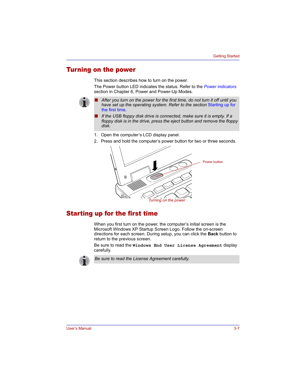 Turning on the power, Starting up for the first time | Toshiba Tecra M3 User Manual | Page 65 / 236