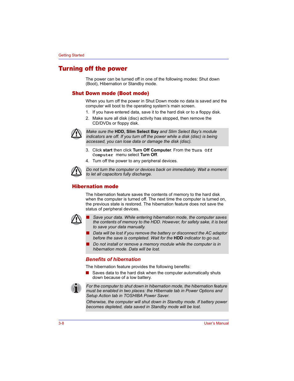 Turning off the power, Shut down mode (boot mode), Hibernation mode | Turning off the power -8, Shut down mode (boot mode) -8 hibernation mode -8 | Toshiba Tecra M3 User Manual | Page 66 / 236