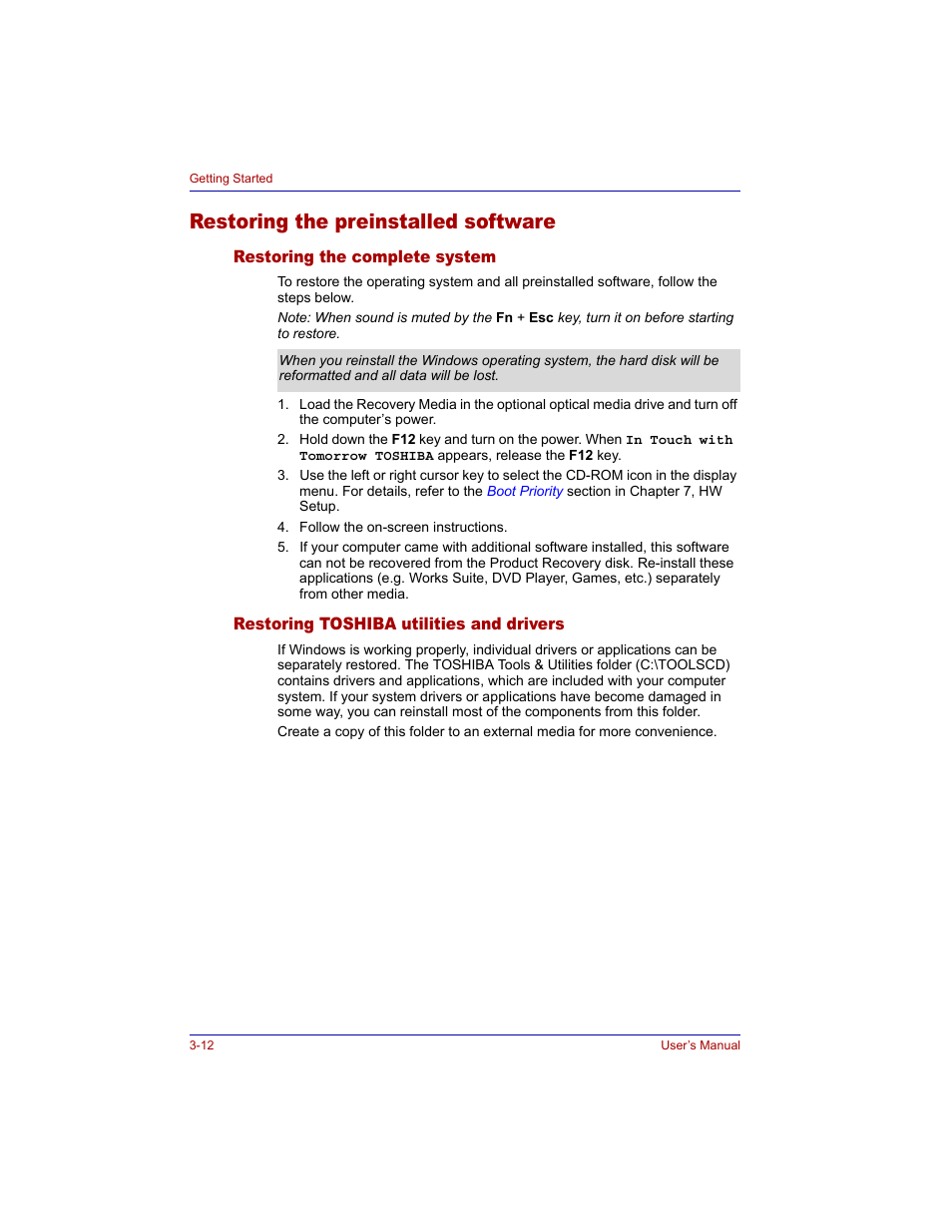 Restoring the preinstalled software, Restoring the complete system, Restoring toshiba utilities and drivers | Restoring the preinstalled software -12 | Toshiba Tecra M3 User Manual | Page 70 / 236