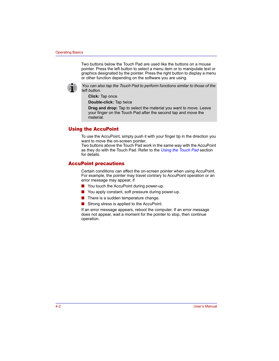 Using the accupoint, Accupoint precautions, Using the accupoint -2 accupoint precautions -2 | Section | Toshiba Tecra M3 User Manual | Page 72 / 236