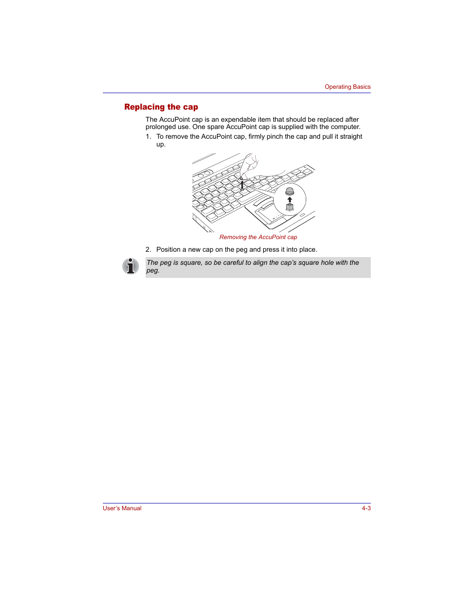 Replacing the cap, Replacing the cap -3 | Toshiba Tecra M3 User Manual | Page 73 / 236