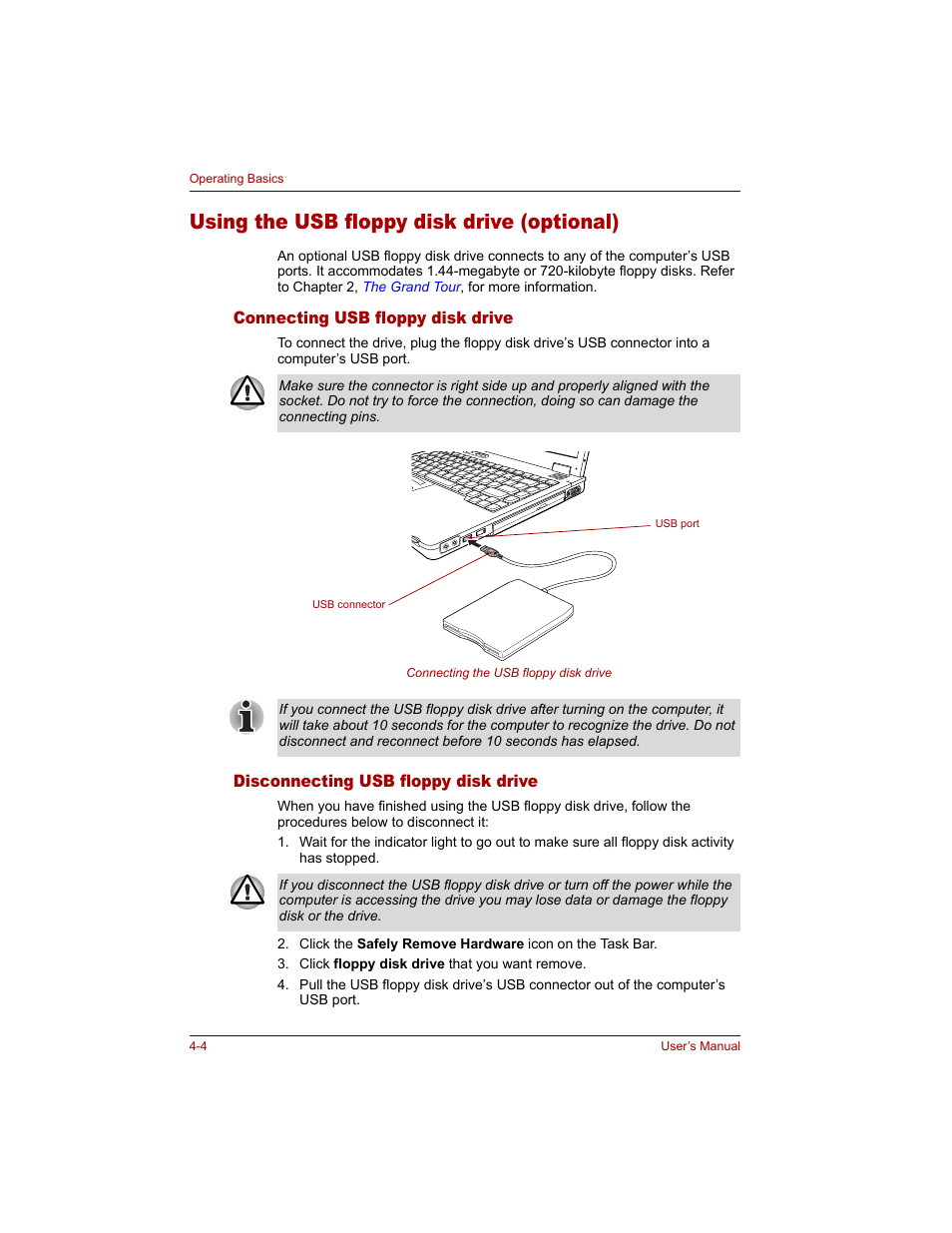 Using the usb floppy disk drive (optional), Connecting usb floppy disk drive, Disconnecting usb floppy disk drive | Using the usb floppy disk drive (optional) -4 | Toshiba Tecra M3 User Manual | Page 74 / 236