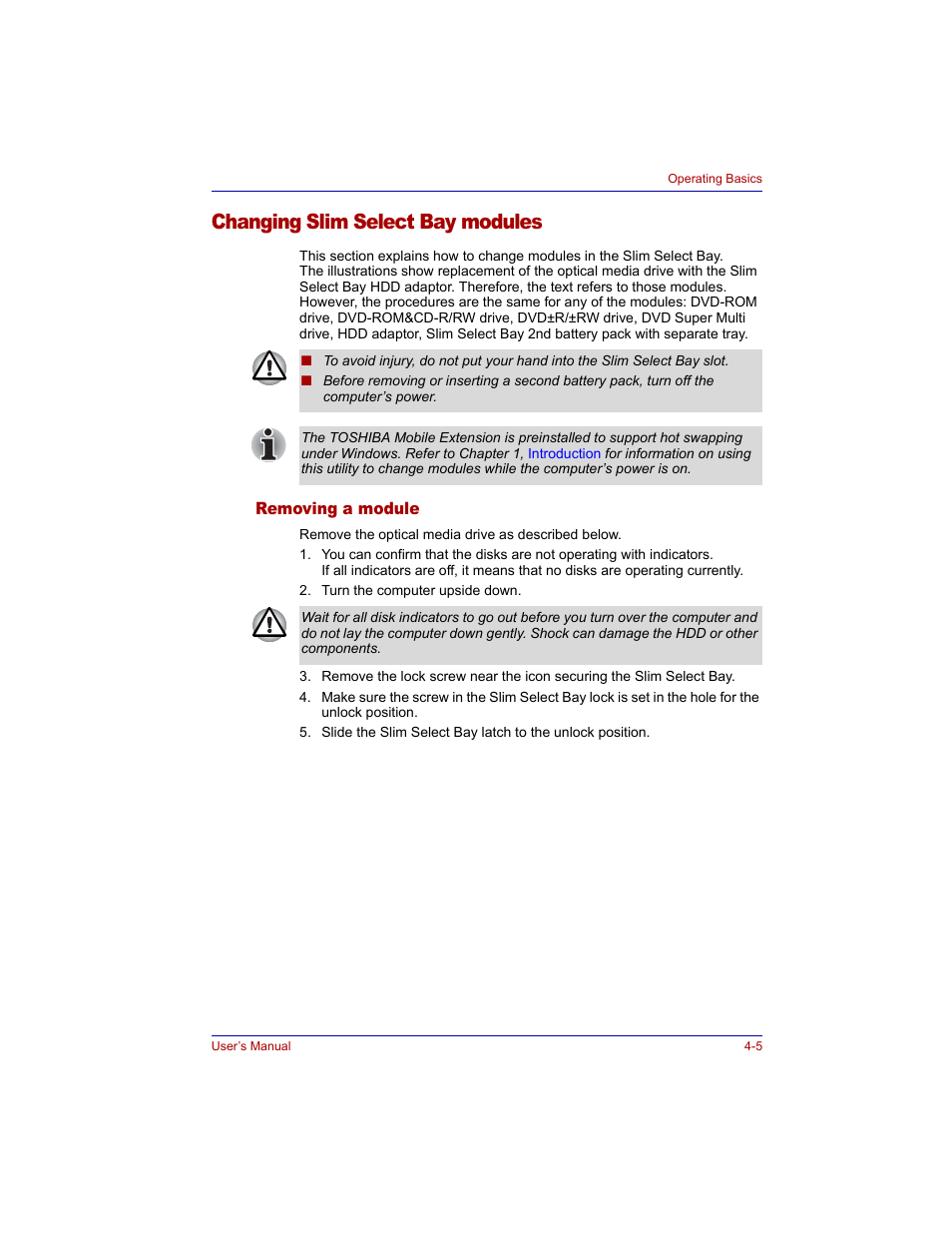 Changing slim select bay modules, Removing a module, Changing slim select bay modules -5 | Removing a module -5 | Toshiba Tecra M3 User Manual | Page 75 / 236