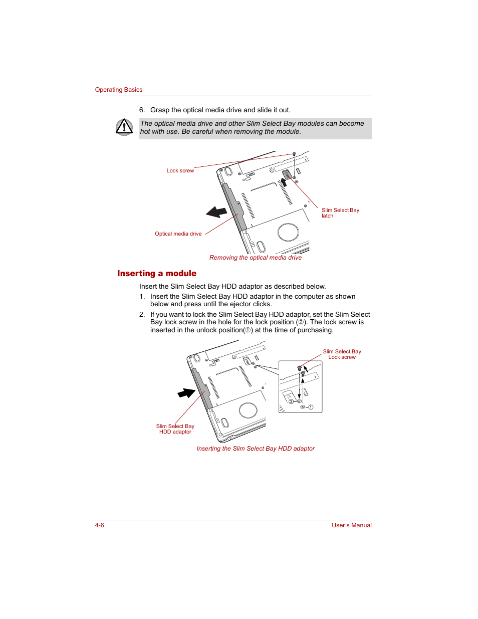 Inserting a module, Inserting a module -6 | Toshiba Tecra M3 User Manual | Page 76 / 236