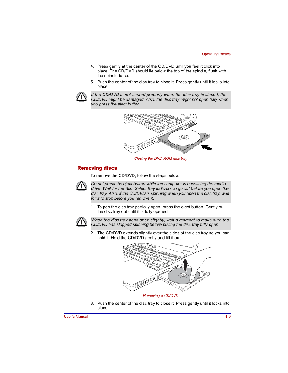 Removing discs, Removing discs -9 | Toshiba Tecra M3 User Manual | Page 79 / 236