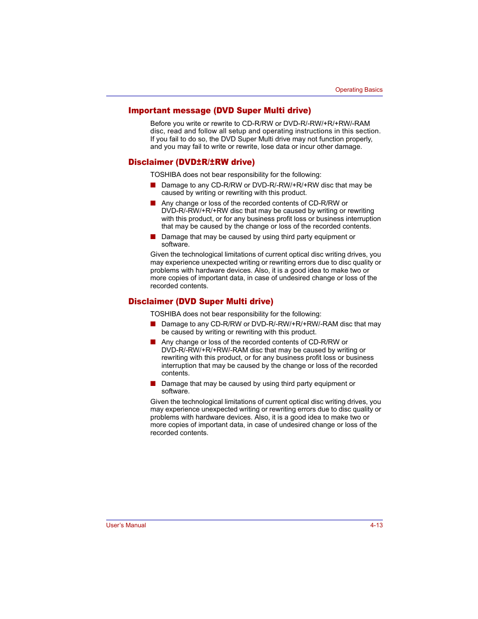 Important message (dvd super multi drive), Disclaimer (dvd±r/±rw drive), Disclaimer (dvd super multi drive) | Toshiba Tecra M3 User Manual | Page 83 / 236