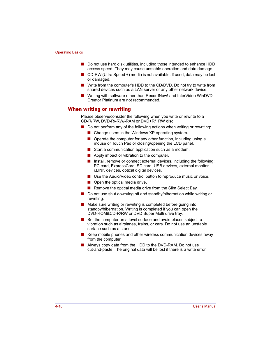 When writing or rewriting, When writing or rewriting -16 | Toshiba Tecra M3 User Manual | Page 86 / 236