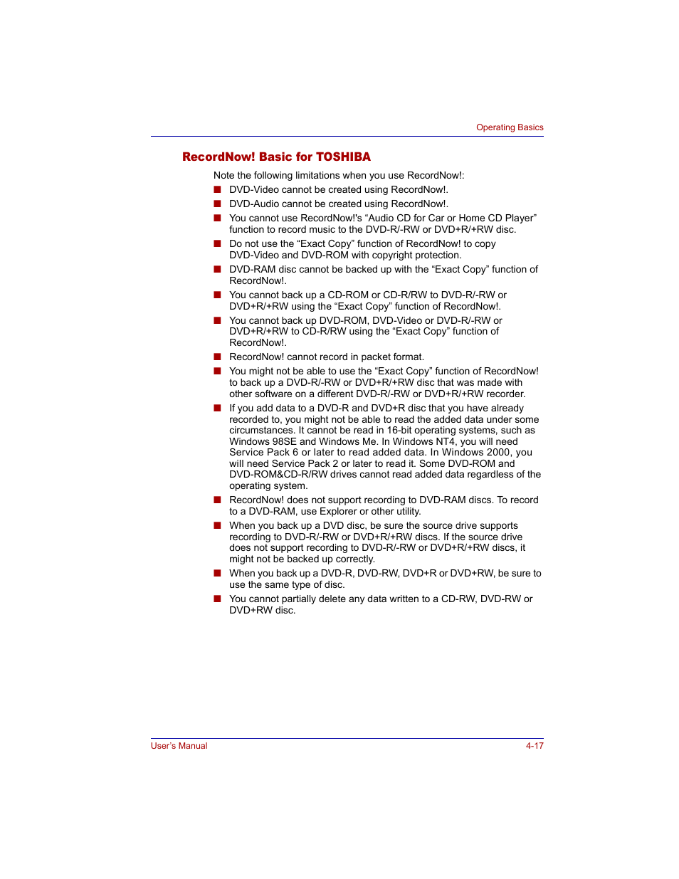 Recordnow! basic for toshiba, Recordnow! basic for toshiba -17 | Toshiba Tecra M3 User Manual | Page 87 / 236